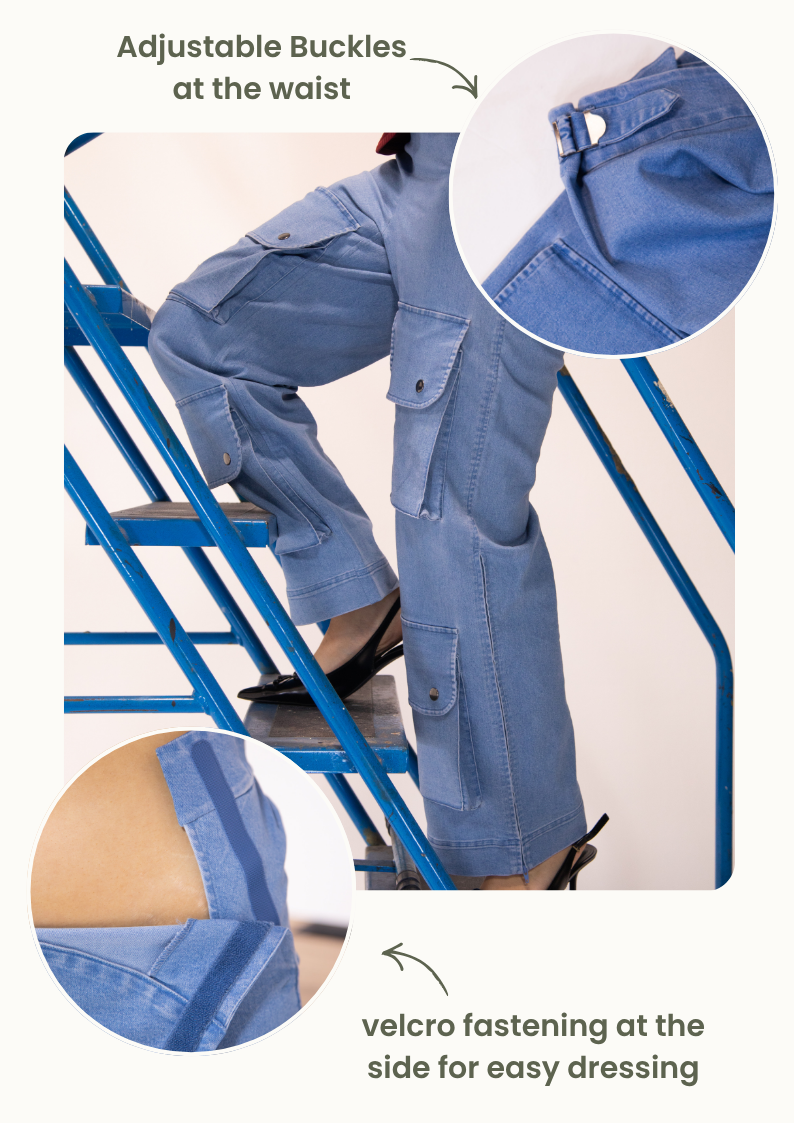 Person wearing blue stretch jeans with adjustable buckles and velcro fastening, climbing a ladder.