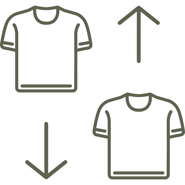 Line art of a t-shirt with arrows indicating easy dressing
